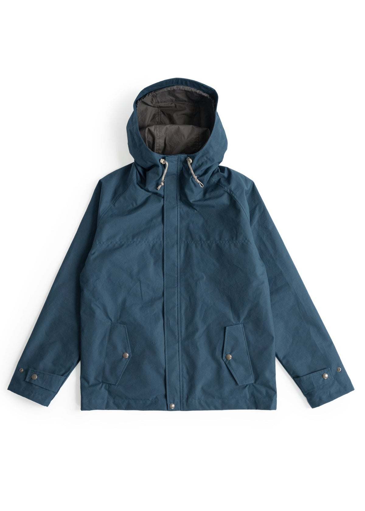 A dark blue hooded rain jacket with a front zipper, snap-button cuffs, and side pockets, laid flat against a white background.